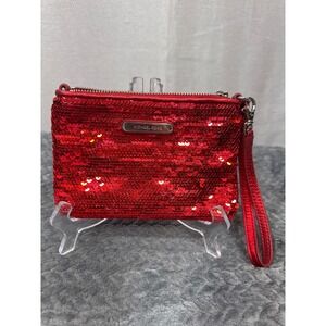 Michael Kors Red Sequined Wristlet Metallic Pouch Zipper Clutch Bag Silver Logo